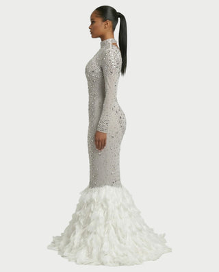 SOSANE Diamond High-Neck Feather Mermaid Maxi Dress