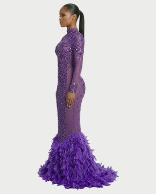 SOSANE Diamond High-Neck Feather Mermaid Maxi Dress