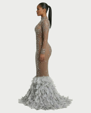 SOSANE Diamond High-Neck Feather Mermaid Maxi Dress