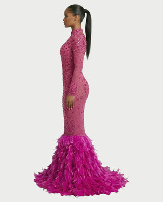 SOSANE Diamond High-Neck Feather Mermaid Maxi Dress