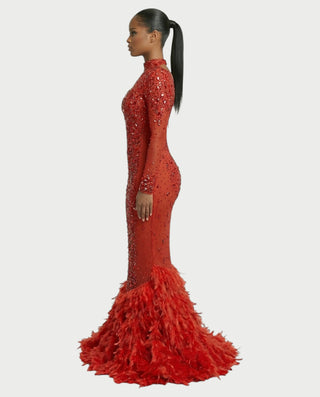 SOSANE Diamond High-Neck Feather Mermaid Maxi Dress