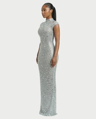 MORIA Crystal High-Neck Bodycon Maxi Dress