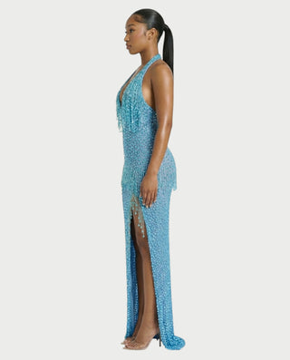 MYRIZ Rhinestone Halter Draped Tassel Maxi Dress