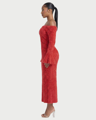 AVELLE Off-Shoulder Fuzzy Bell Sleeve Maxi Dress