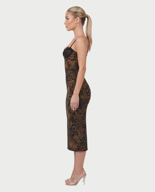 STEFANIA Leopard Bustier Spaghetti Strap Fitted Midi Dress