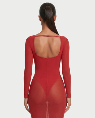 AZIE Sweetheart Bustier Sheer Long-Sleeve Bodycon Maxi Dress