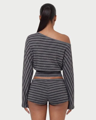 IMARA Striped Off-Shoulder Top & Drawstring Shorts Set