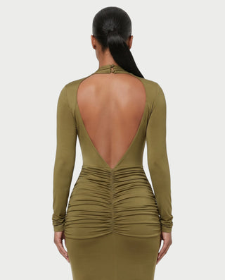BILLY Plunging Neckline Long Sleeve Ruched Waist Maxi Dress