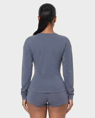 OBRINA Scoop Neck Long Sleeve Top & Bodycon Shorts Set