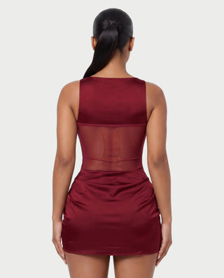 AVIGAIL Cowl Neck Sheer Mesh Draped Satin Mini Dress
