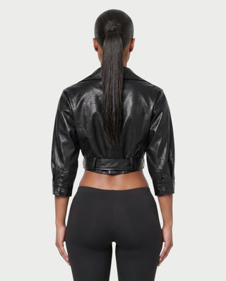 ARDEN Cropped Faux Leather Moto Jacket with Belted Waist