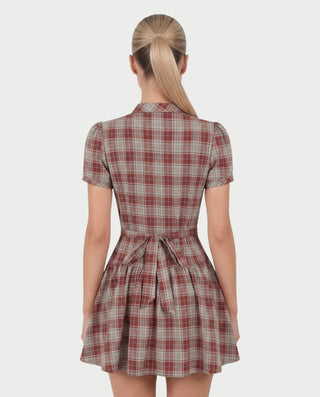 MIRIANA Plaid Mock Neck Puff Sleeve Button Detail Mini Dress