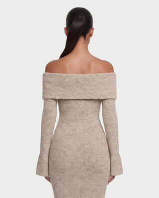 SAHALIE Bardot Neck Long Sleeve Knit Maxi Dress