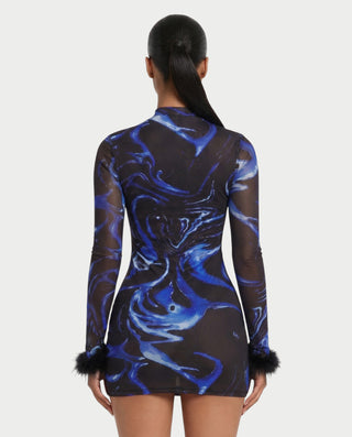 ANALIA Abstract Swirl Mesh Long Sleeve Bodycon Mini Dress