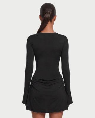 CASSANDRA Plunge Neck Long Sleeve Flared Mini Dress