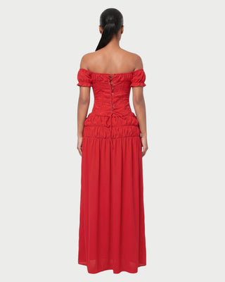 VACY Lace Corset Off-Shoulder Top & Sheer Maxi Skirt Set
