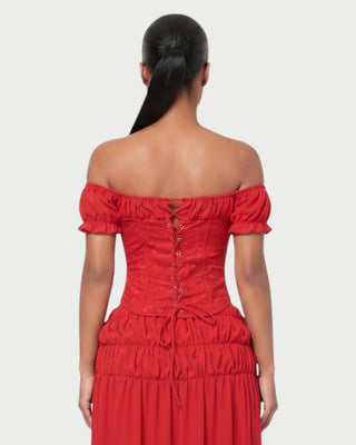 VACY Lace Corset Off-Shoulder Top & Sheer Maxi Skirt Set