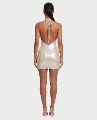 CLARICE Plunging Halter Metallic Mini Dress