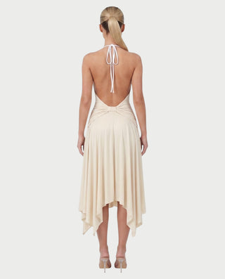 ZEINAB Draped Halter Open-Back Handkerchief Midi Dress