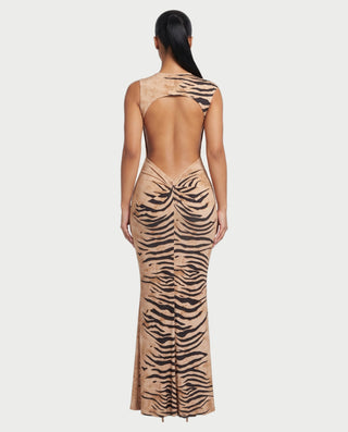 ALMARA Zebra Ruched Open-Back Bodycon Maxi Dress