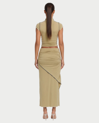 LUVENA Contrast Trim Ruched Two-Piece Maxi Skirt Set