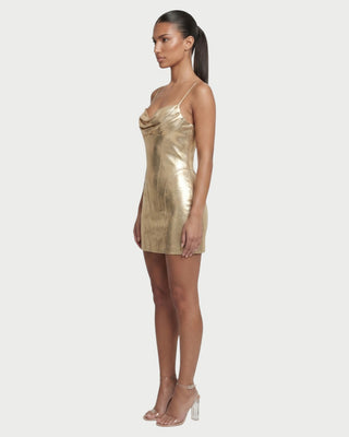 LIVRA Metallic Cowl Neck Mini Dress