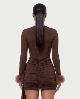 AITANA Long Sleeve Faux Fur Trim Waist Cutout Mini Dress