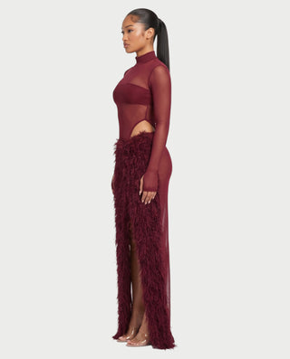 ZARVINA Sheer Mesh Mock Neck Bodysuit & Feather Skirt Set