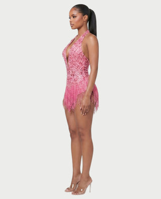 EMERA Rhinestone Beaded Halter Mini Dress