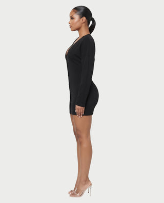 AUSTINA Deep V-Neck Button-Front Long Sleeve Mini Dress