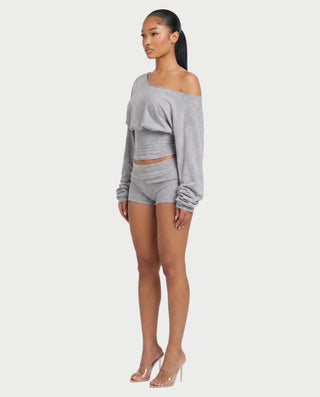 LIRABEL One-Shoulder Long Sleeve Top & Mini Shorts Set
