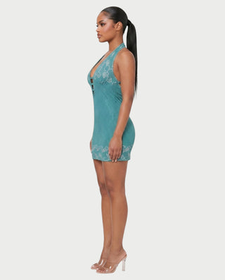 SANDRINE Floral Embroidered Halter Mini Dress