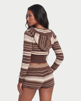 MALIANA Striped Hooded Cardigan & Knit Shorts Set
