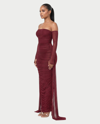KERRYN Ruched Strapless Long Sleeve Fitted Maxi Dress