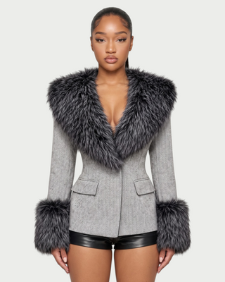 CELINA Faux Fur Trim Herringbone Blazer