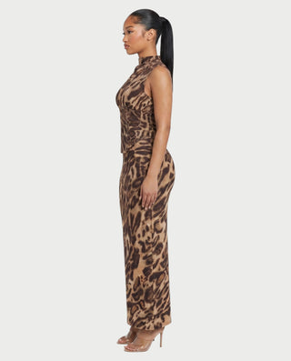 VENESIA Leopard Print Lace-Up Corset Maxi Dress