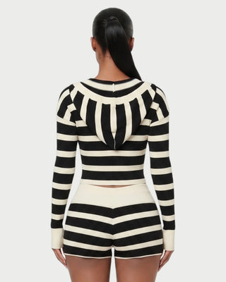 BEVERLY Striped Hooded V-Neck Knit Top & Shorts Set