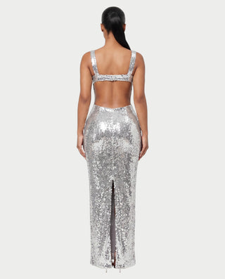 EMELYN Silver Sequin Square Neck Bodycon Maxi Dress