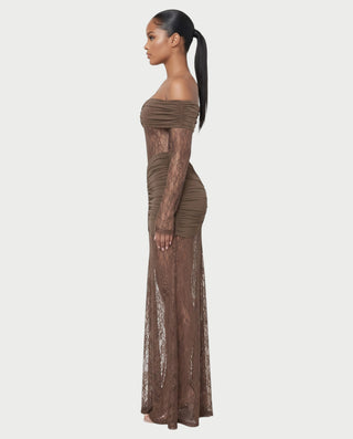 MORLA Off Shoulder Floral Lace Ruched Maxi Dress