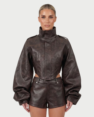 YUINA Faux Leather Balloon Sleeve Jacket & High-Waist Shorts Set
