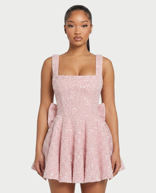 ASHE Sequin Square Neck Pleated Flare Mini Dress