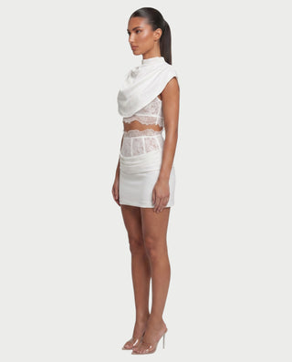 LESKA Draped Top Lace Mini & Skirt Set