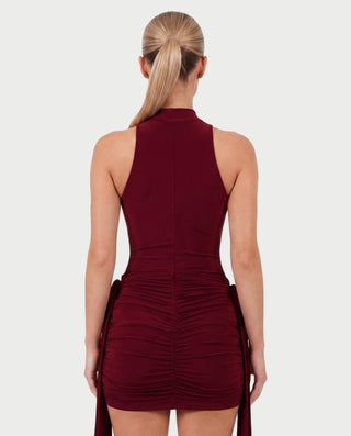 SALMA Mock Neck Draped Side-Tie Bodycon Mini Dress