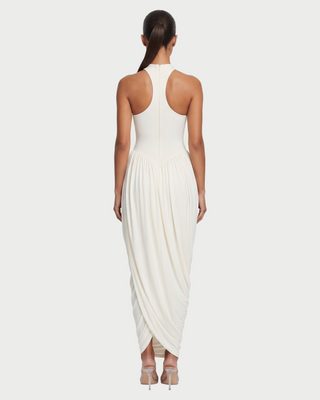 SHAYE High Neck Racerback Ruched Draped Maxi Dress