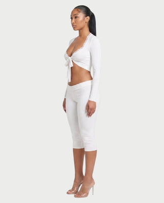ZEINARA Lace Trim Tie-Front Long Sleeve Crop Top