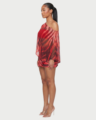 OVALINE Sheer Zebra Print One-Shoulder Top & Mini Skirt Set