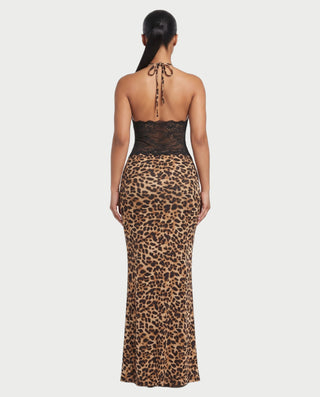 NAVYA Leopard Lace Panel Bodycon Maxi Dress