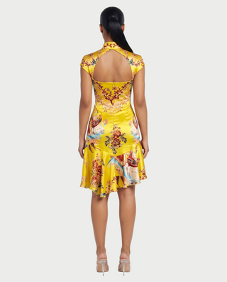VALENZA Floral Crane Collar Ruffle Hem Mini Dress