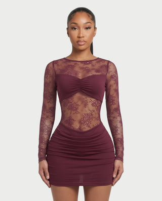 LAYLIE Long Sleeve Floral Lace Open Back Bodycon Mini Dress