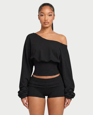 LIRABEL One-Shoulder Long Sleeve Top & Mini Shorts Set